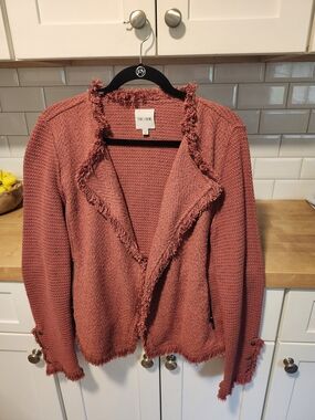 NIC+ZOE Fringed Open Knit Blazer in Rust/Dark Coral
